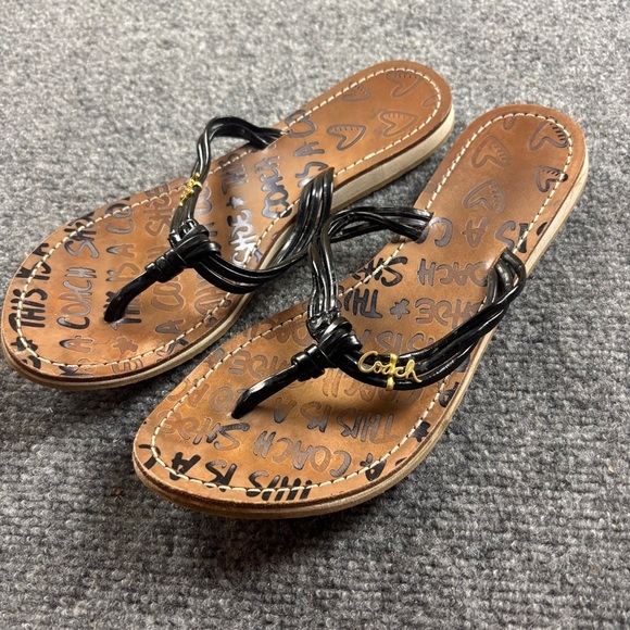 COACH Women’s Black Patent Leather Strappy Flip Flop Sandal Flat size: 9 - Picture 1 of 9